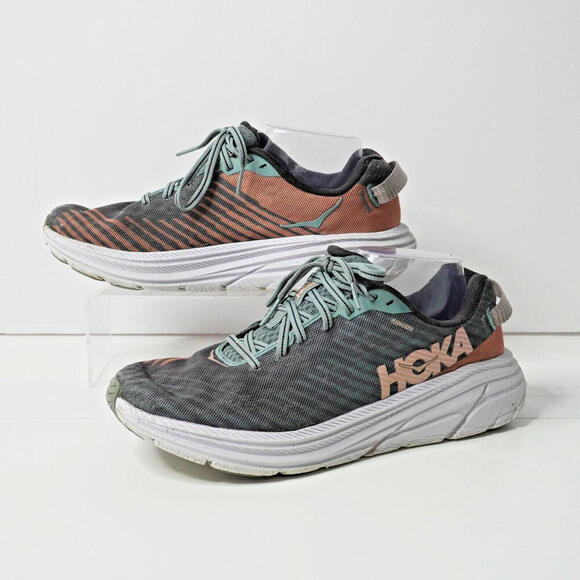 Hoka One One Rincon Womens 7.5 Gray Salmon Pink Chunky Lace Up Comfort SEE - Picture 2 of 10